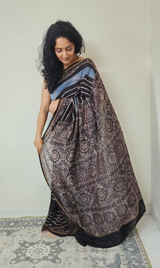 Chanderi Ajrakh saree (Blue and black)