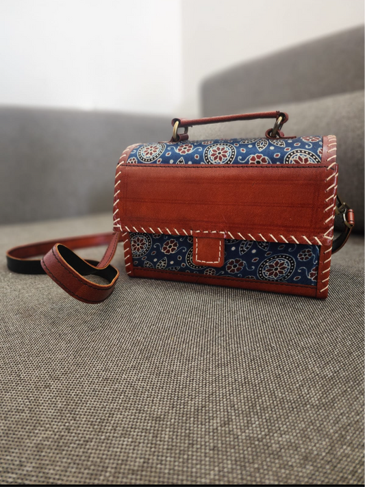 Ajrakh leather sling bag