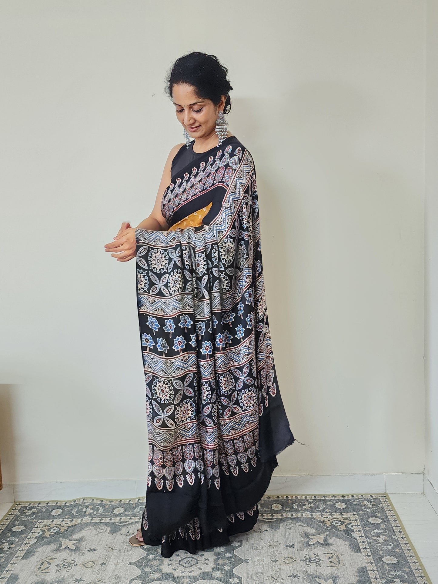 Bandhani Ajrakh saree (Yellow and Black)