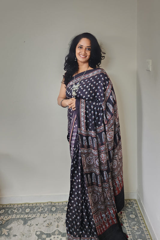 Ajrakh Modal saree (Black)