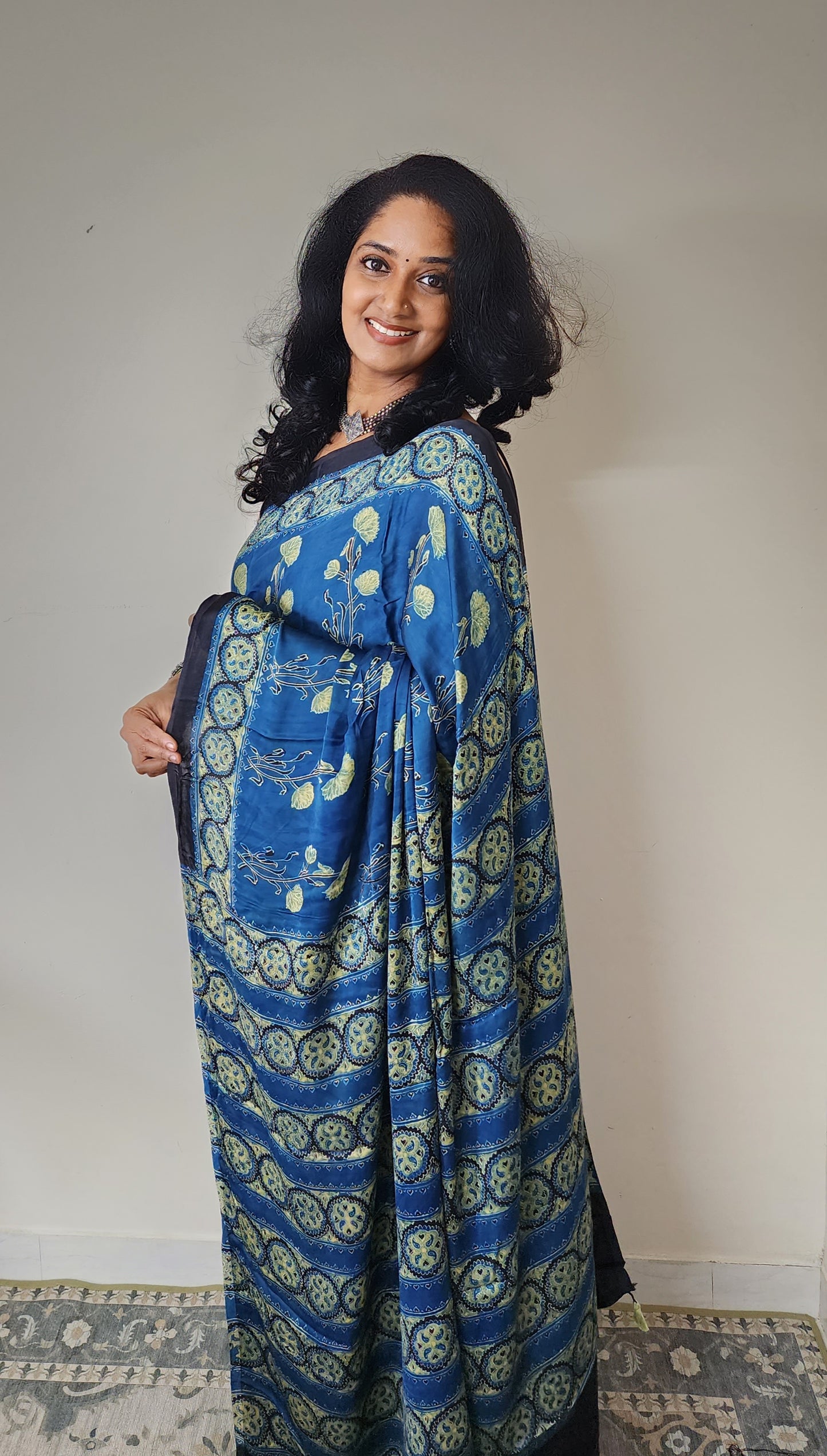 Ajrakh Modal saree (Blue and yellow)