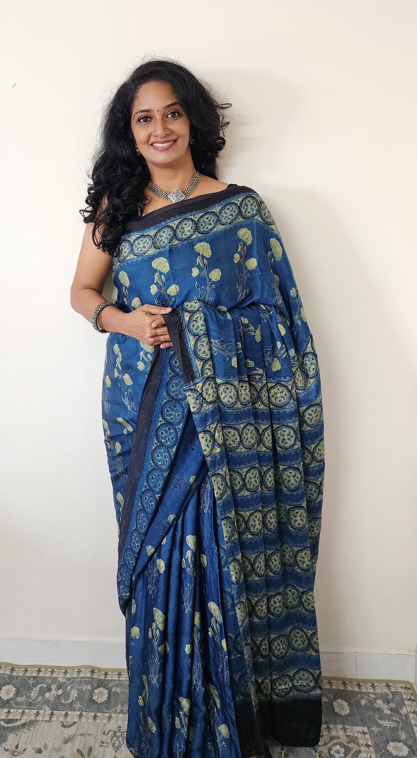 Ajrakh Modal saree (Blue and yellow)