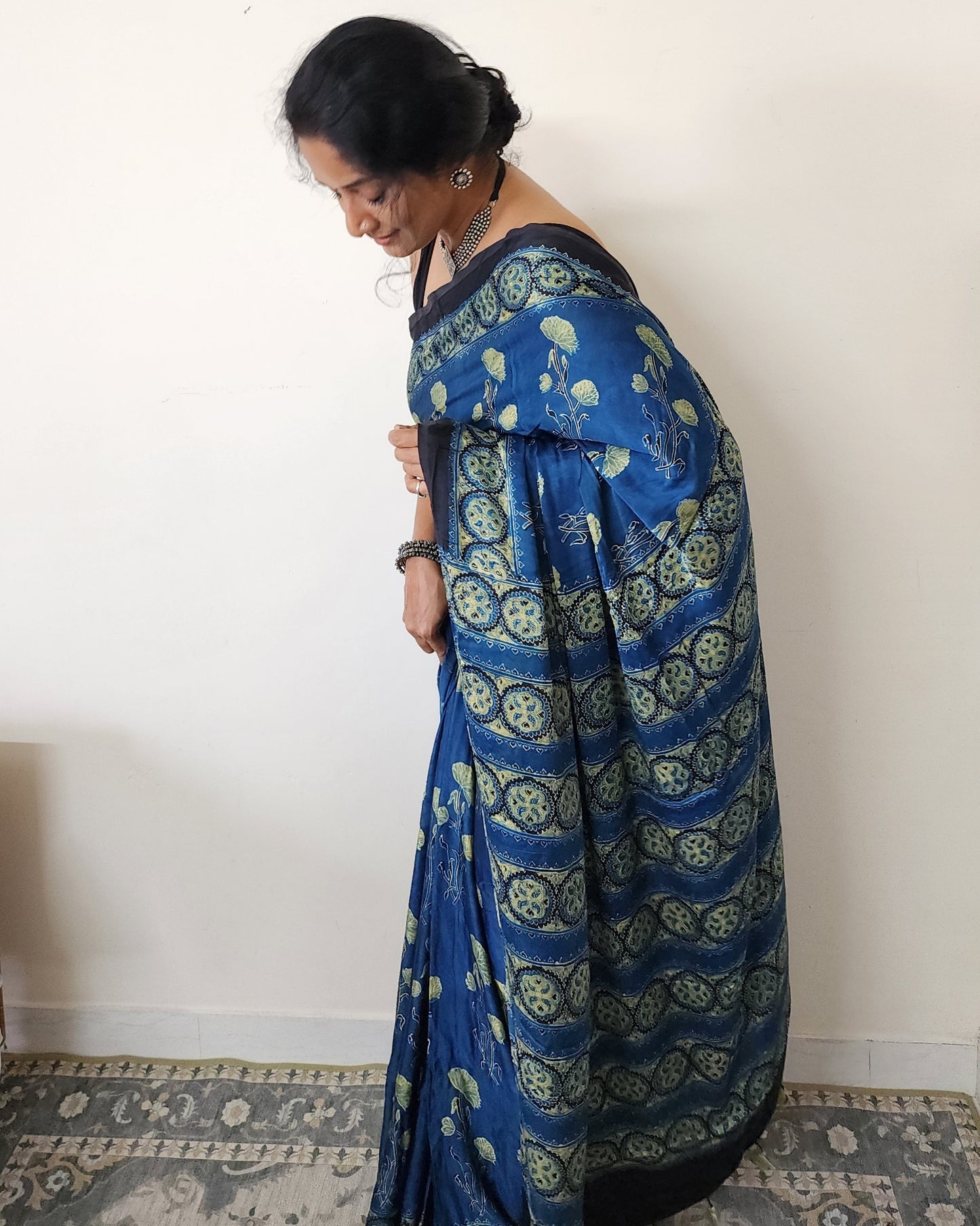 Ajrakh Modal saree (Blue and yellow)