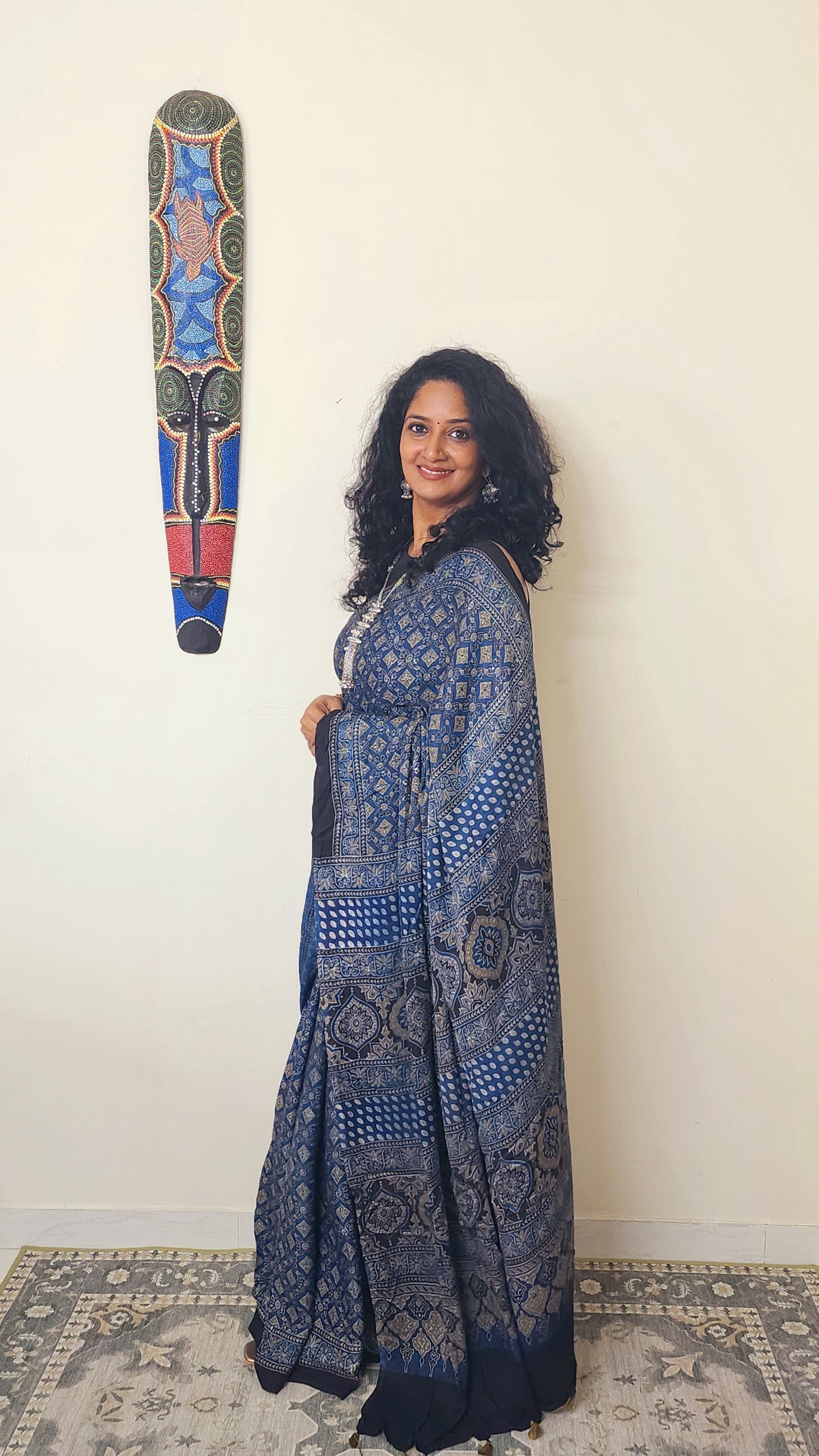 Ajrakh Modal saree (Blue and brick red)