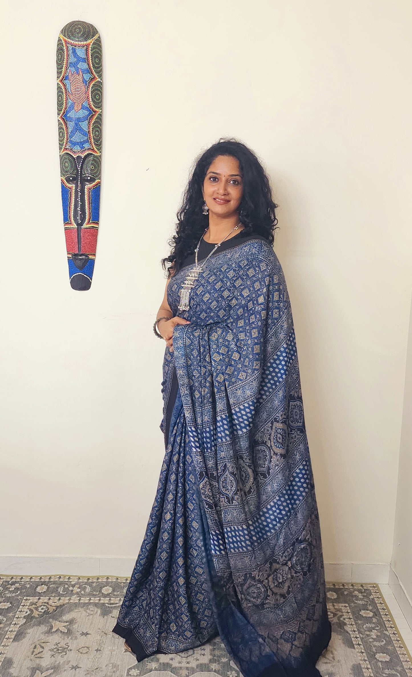 Ajrakh Modal saree (Blue and brick red)