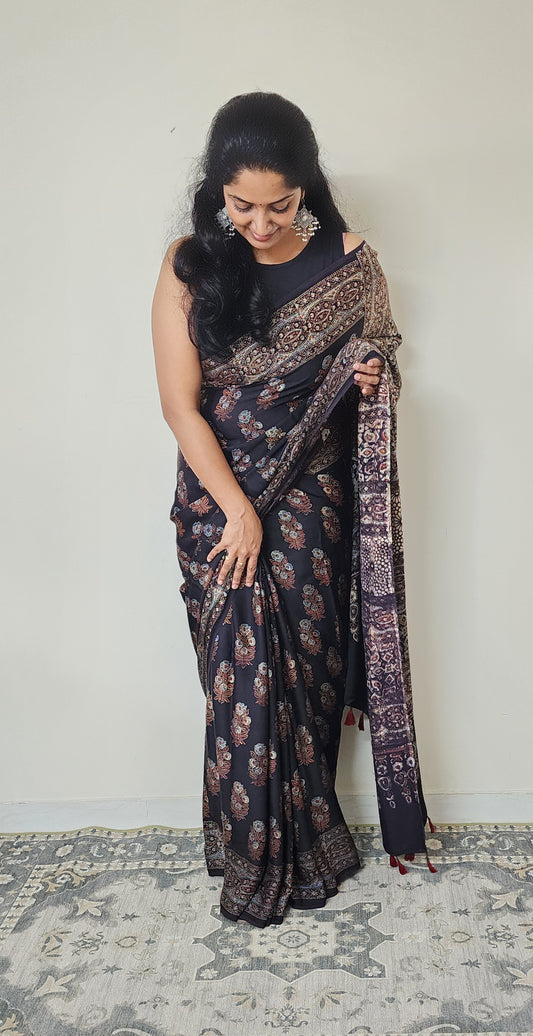 Ajrakh Modal saree (Black)