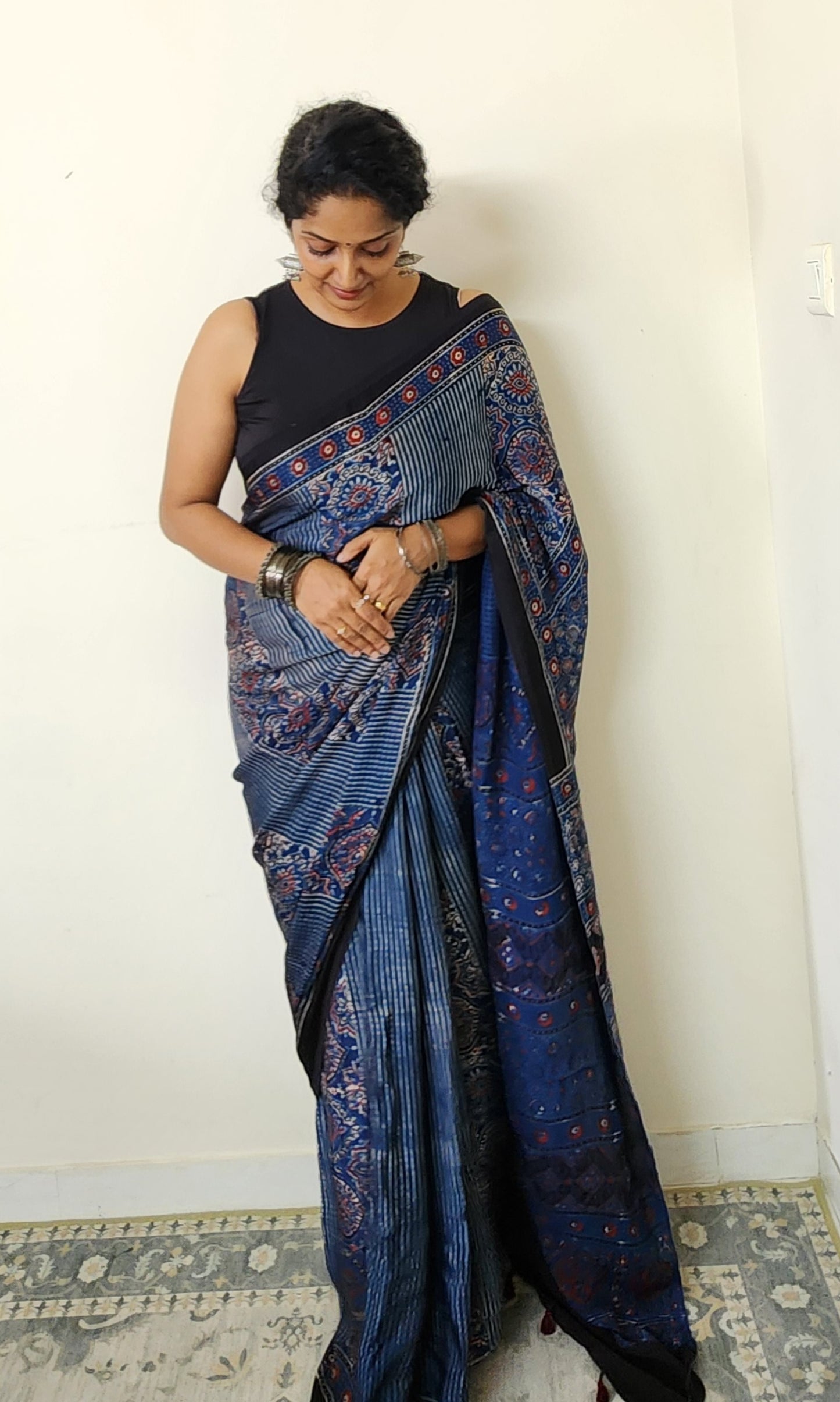 Ajrakh Modal saree (Blue and brick red)