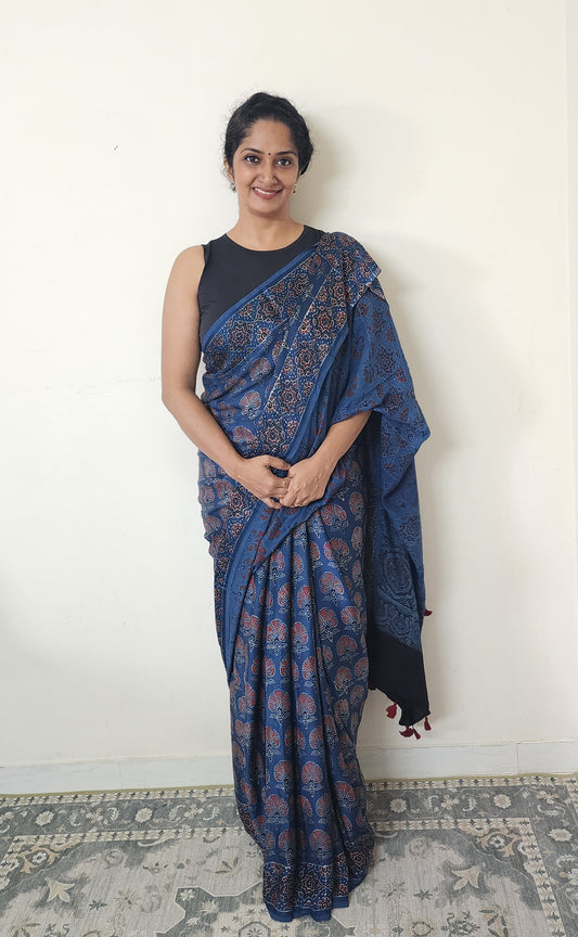 Ajrakh Modal saree (Blue and brick red)