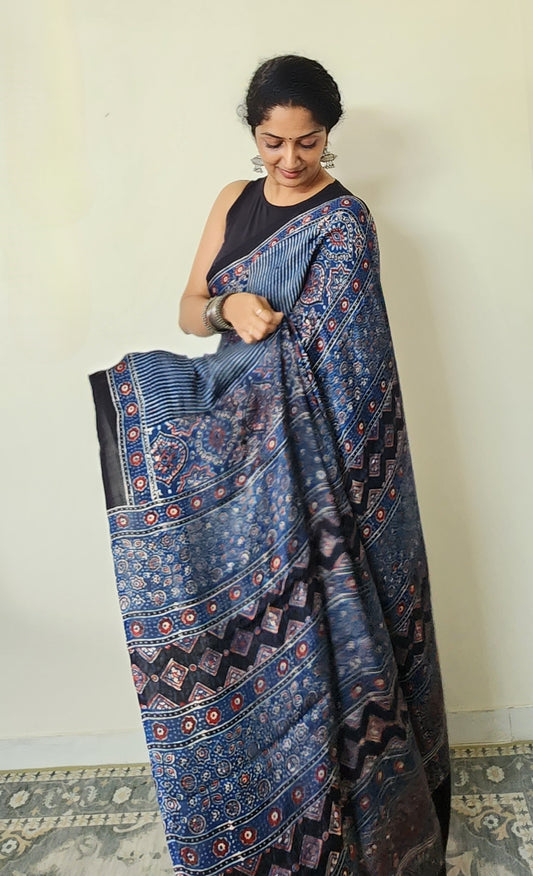 Ajrakh Modal saree (Blue and brick red)