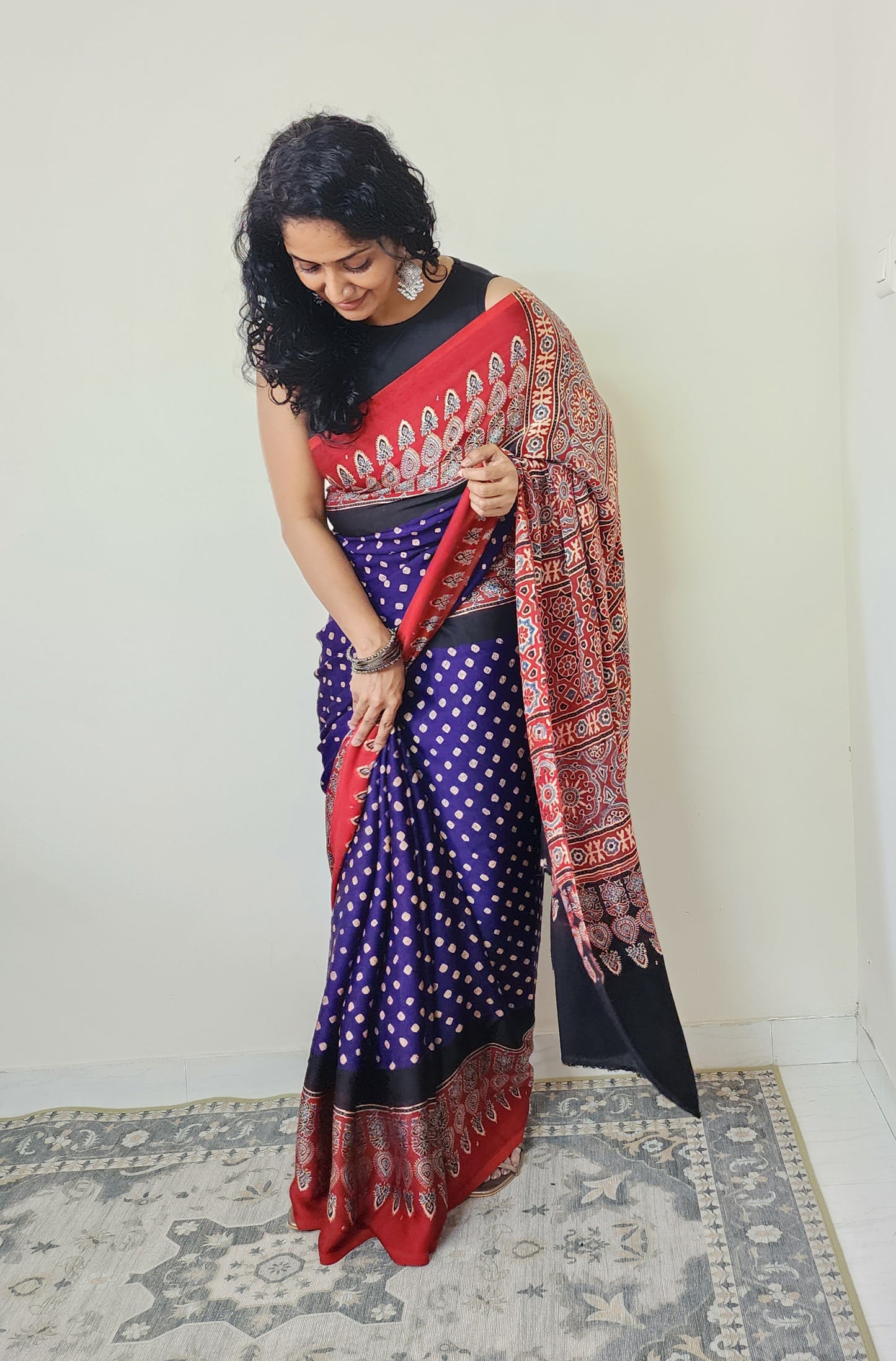 Bandhani Ajrakh saree (Purple and red)