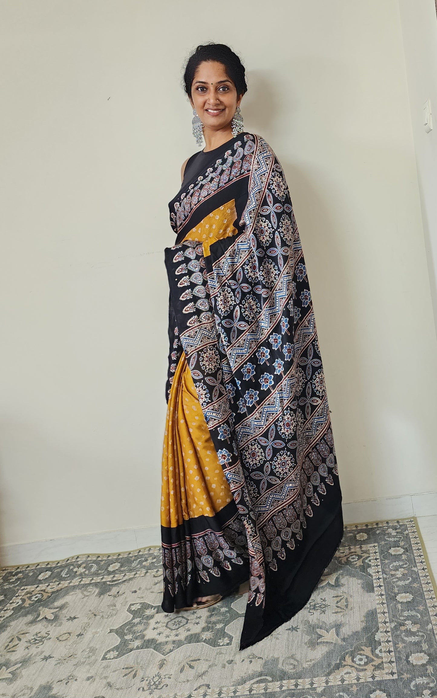 Bandhani Ajrakh saree (Yellow and Black)