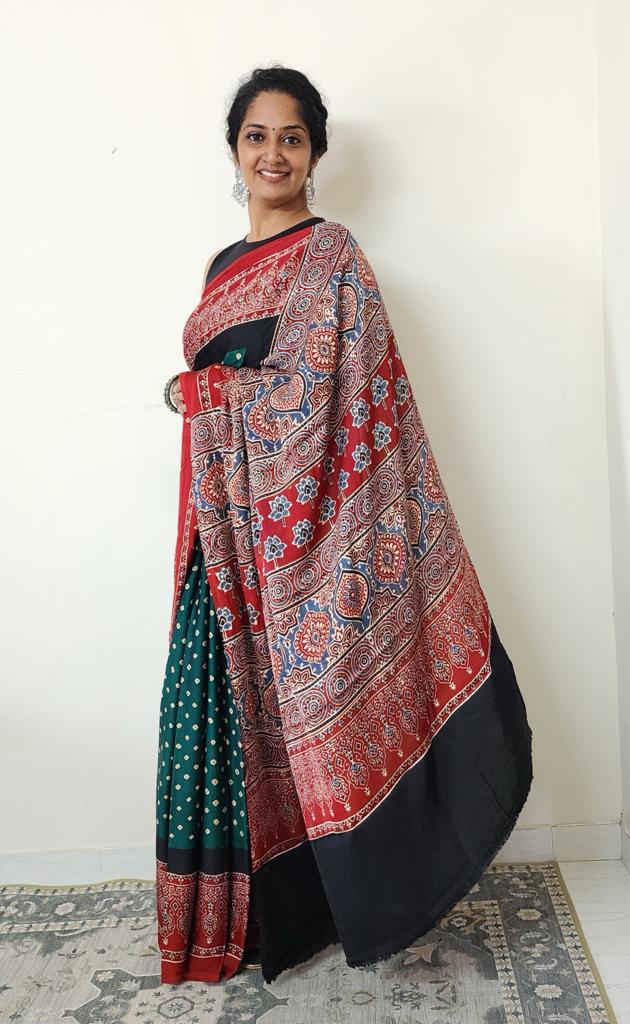 Bandhani Ajrakh saree (Green and red)