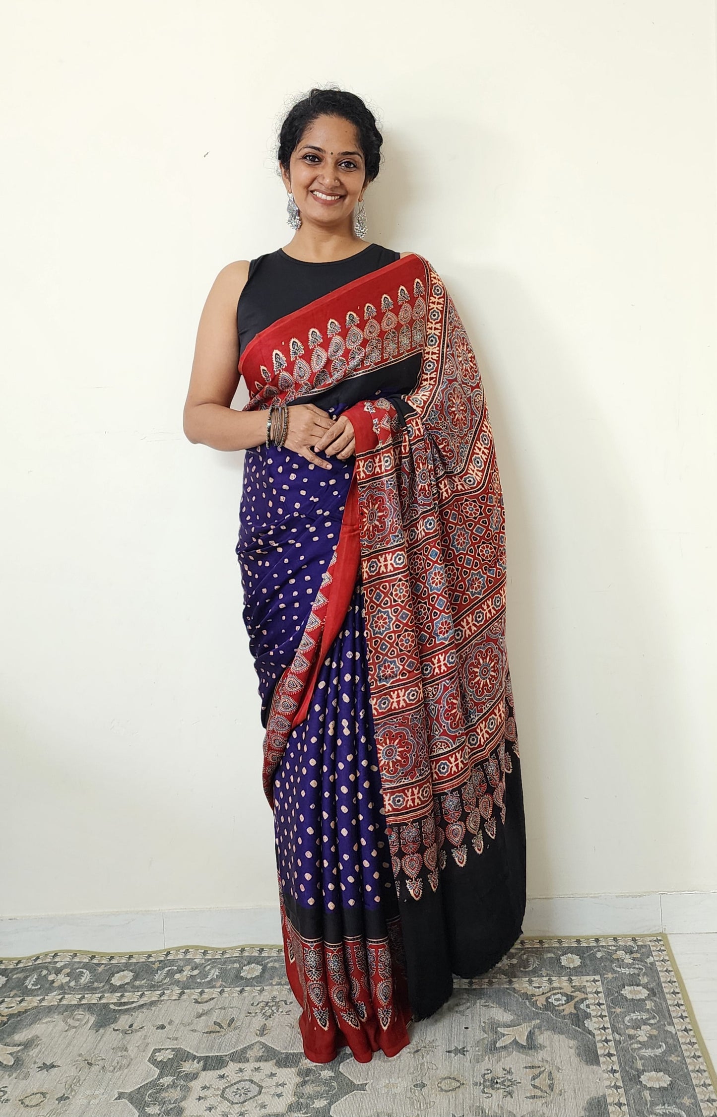 Bandhani Ajrakh saree (Purple and red)