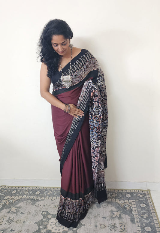 Plain Ajrakh Modal saree (Maroon and Black)