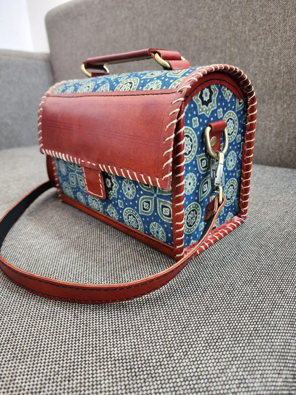 Ajrakh leather sling bag