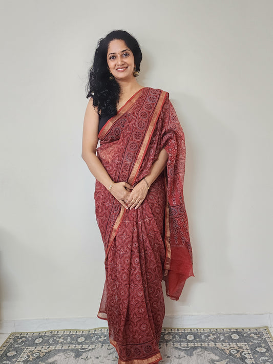 Kota Doria Ajrakh saree (Rusty Red)