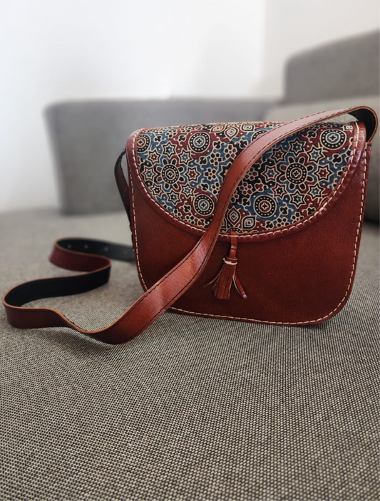 Ajrakh leather sling bag