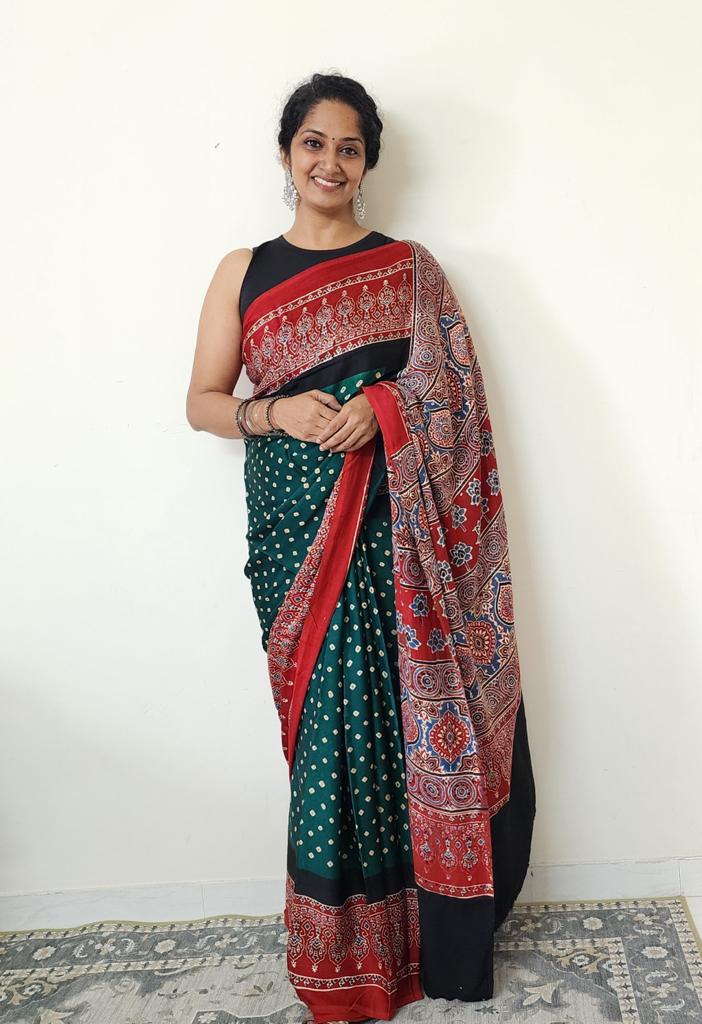 Bandhani Ajrakh saree (Green and red)