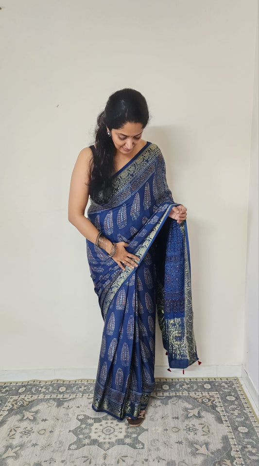 Ajrakh saree in dola silk (Blue)