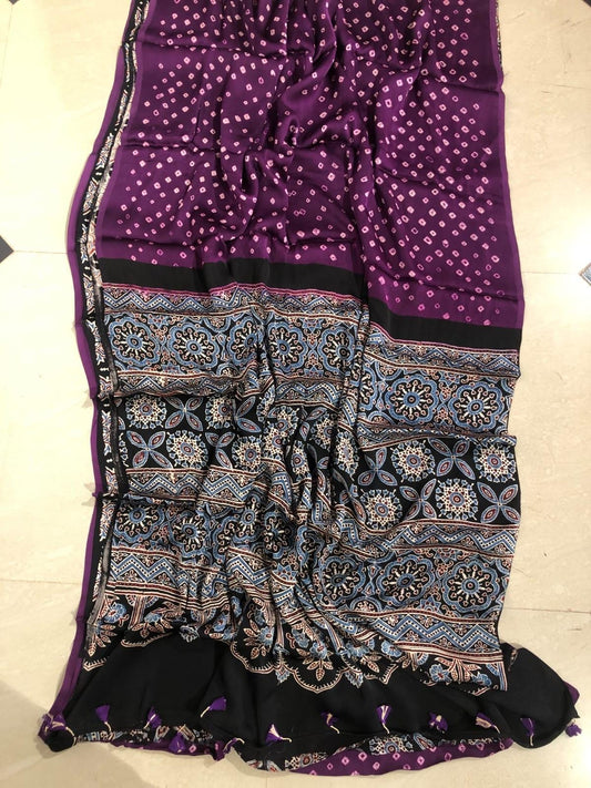 Bandhani Ajrakh saree (purple)