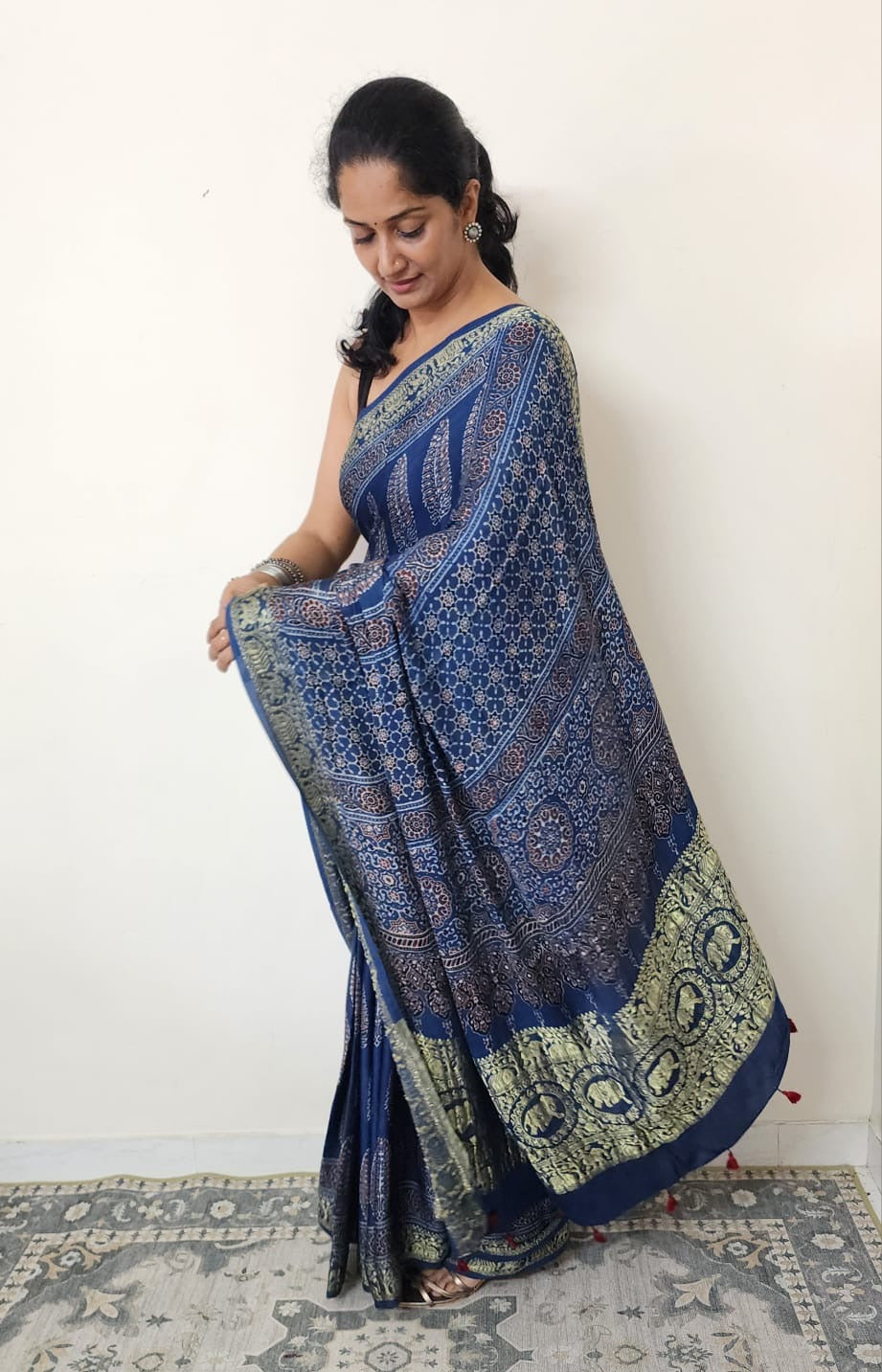 Ajrakh saree in dola silk (Blue)