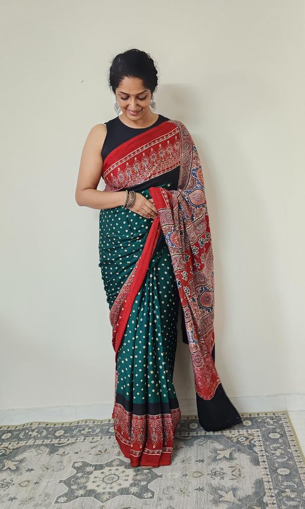 Bandhani Ajrakh saree (Green and red)