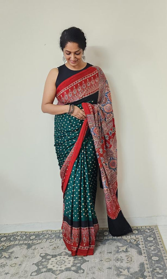 Bandhani Ajrakh saree (Green and red)