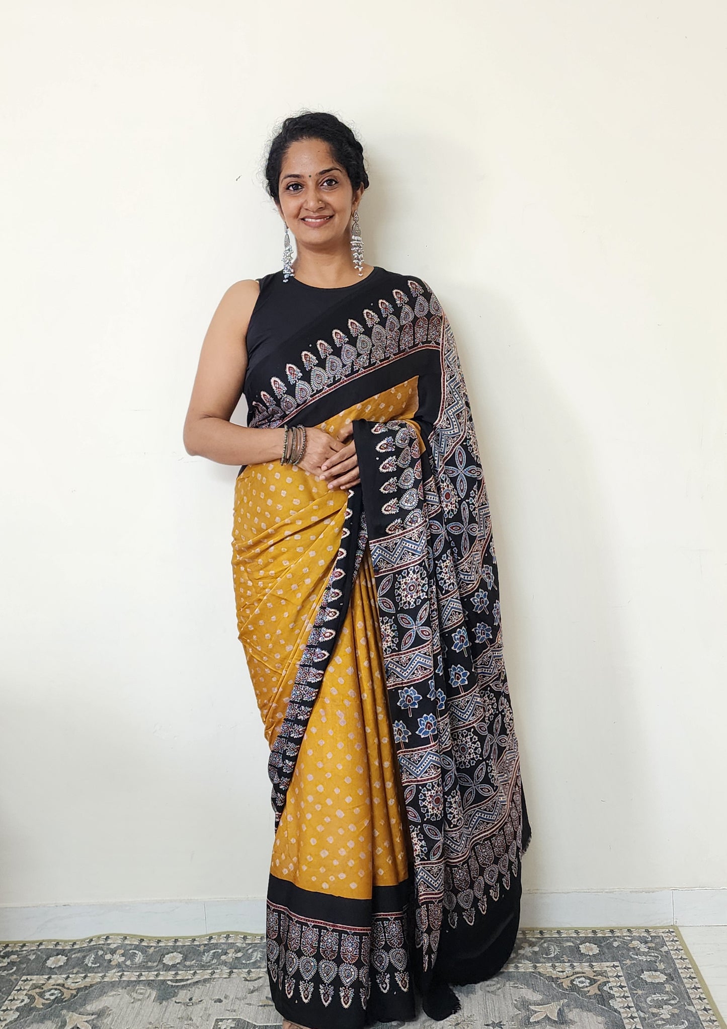 Bandhani Ajrakh saree (Yellow and Black)