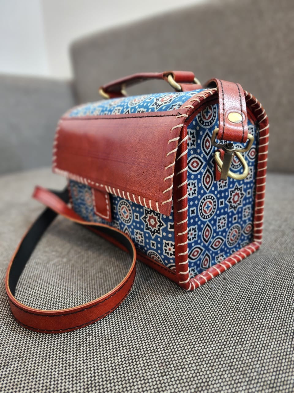 Ajrakh leather sling bag