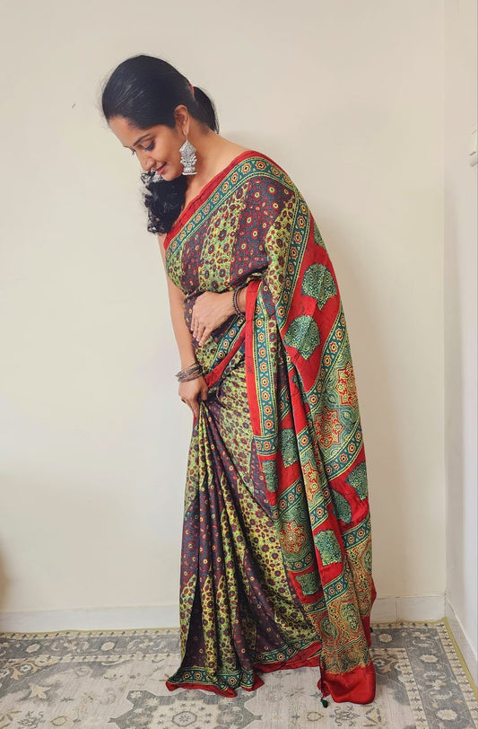 Ajrakh Modal saree (Green)