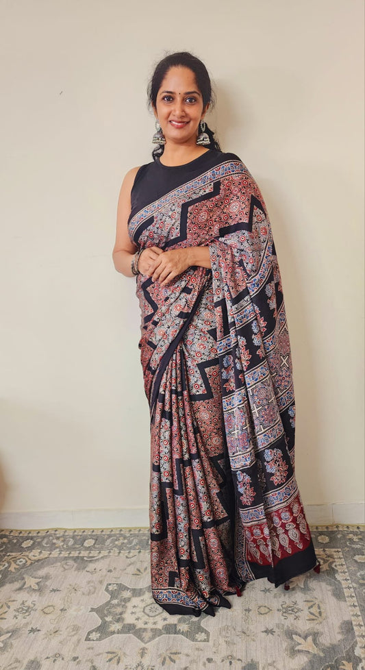 Ajrakh Modal saree (Black)